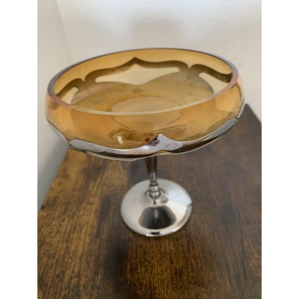 Vintage Farber Bros Krome Kraft Amber Glass Compote Dish Art Deco Stemmed Bowl - Picture 2 of 6